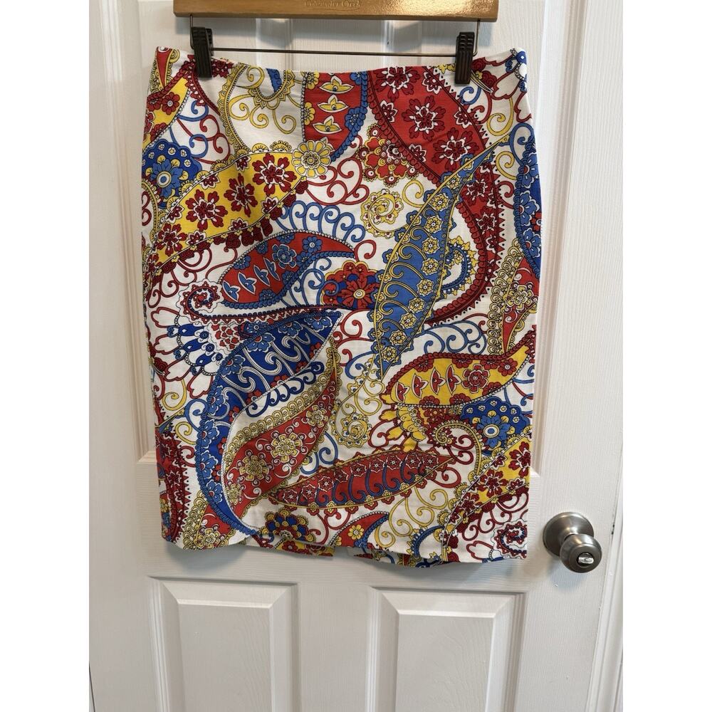 Talbots Size 12 Pencil Skirt Red Blue Yellow Paisley Back Zip Lined New - Picture 2 of 10